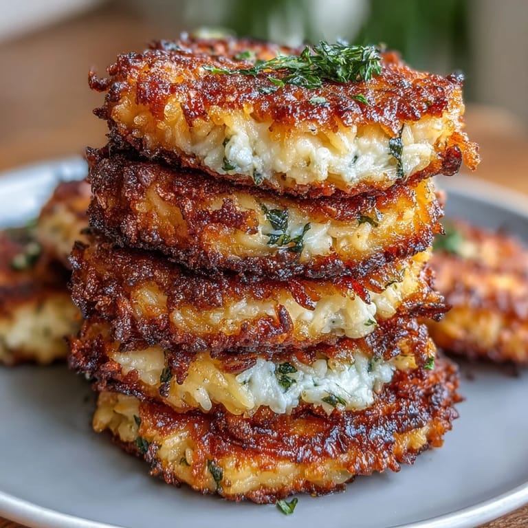 Crispy, golden Parmesan Crusted Orzo Cakes featuring a rich cheese filling indoors.