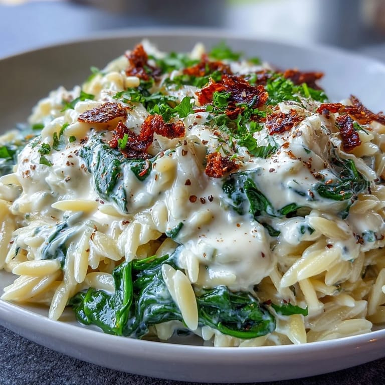 Close-up of Boursin Orzo with Spinach, showing melted cheese and wilted greens.