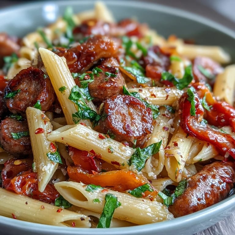 Hearty Spicy Sausage Pasta with Peppers, glistening with savory tomato sauce.