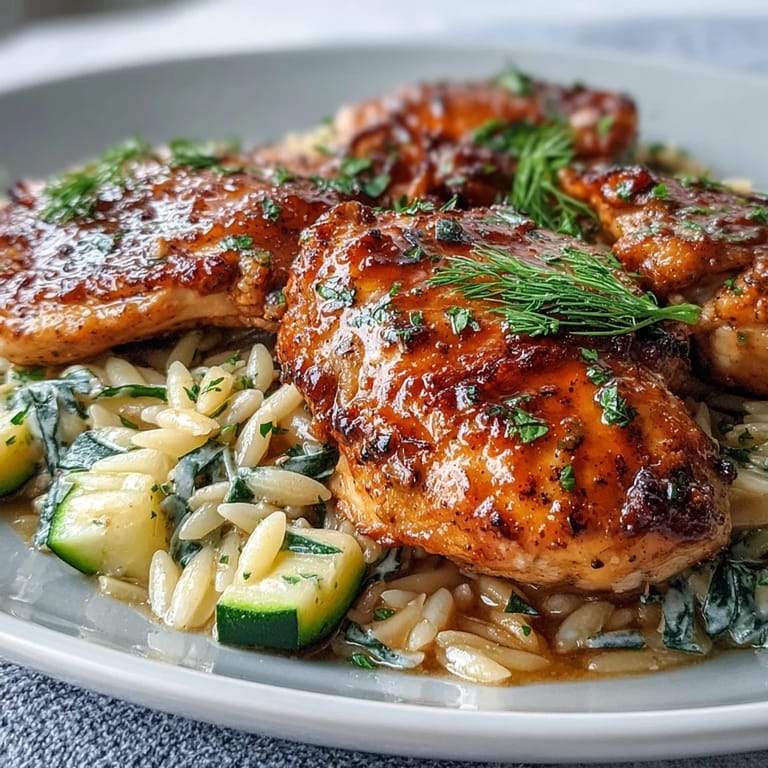 Easy one-pan lemon chicken orzo with fresh zucchini, a delicious Mediterranean-inspired meal.