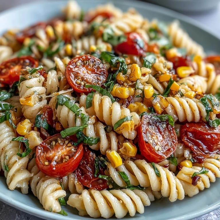 Crisp summer corn and juicy tomatoes in a zesty pasta salad, perfect for outdoor dining.