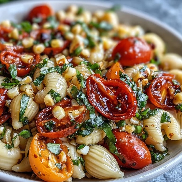 Refreshing American pasta salad brimming with fresh corn, tomatoes, and herbs for your table.