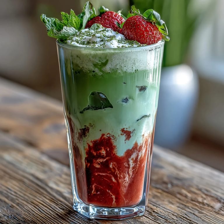 Refreshing strawberry matcha cold foam latte, a delicious layered green tea beverage.