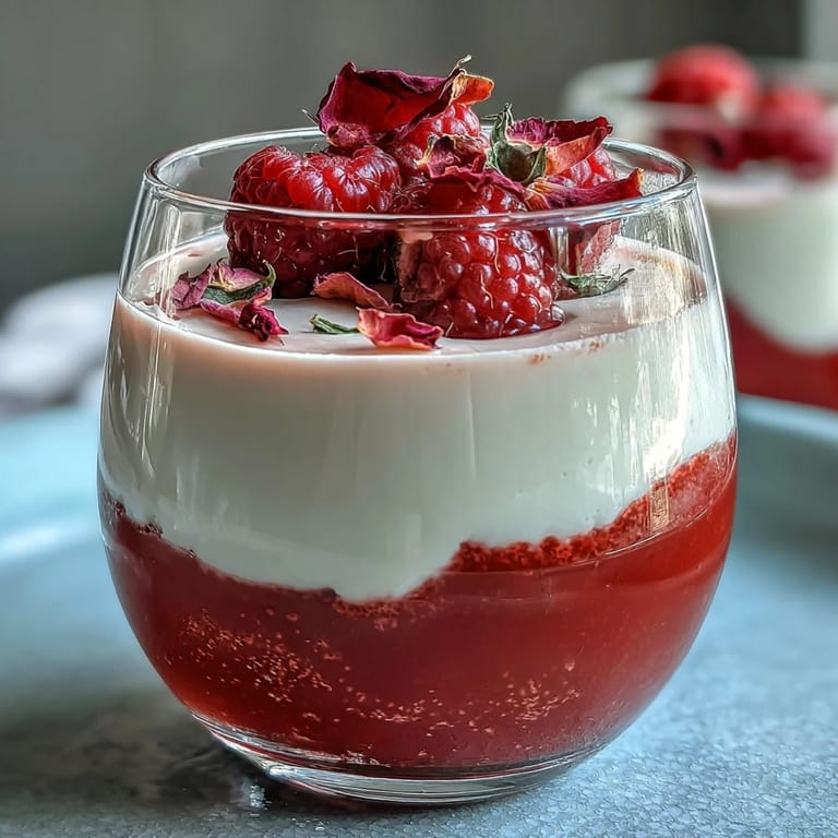 Sweet, floral Raspberry Rose Jello Parfait ready to be served chilled.