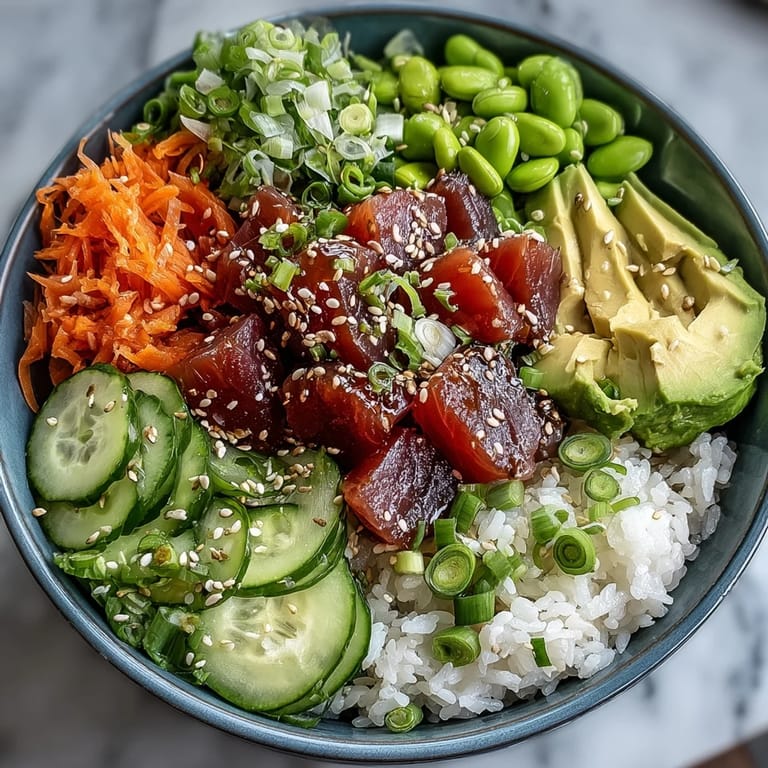 Flaky canned tuna poke bowl, a quick and colorful weeknight meal.