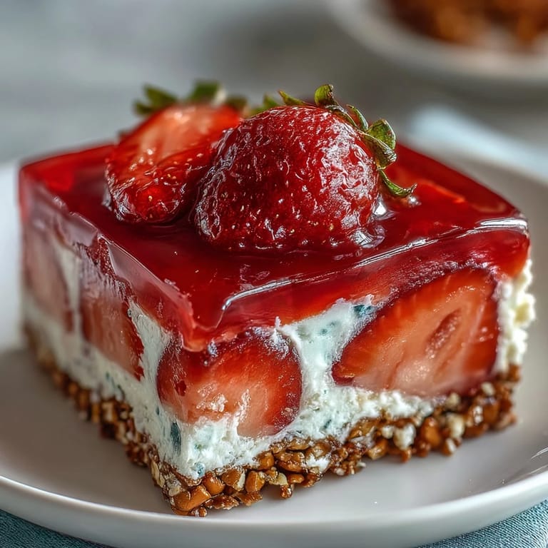 Enjoy a slice of Strawberry Pretzel Jello Salad, refreshing picnic dessert.