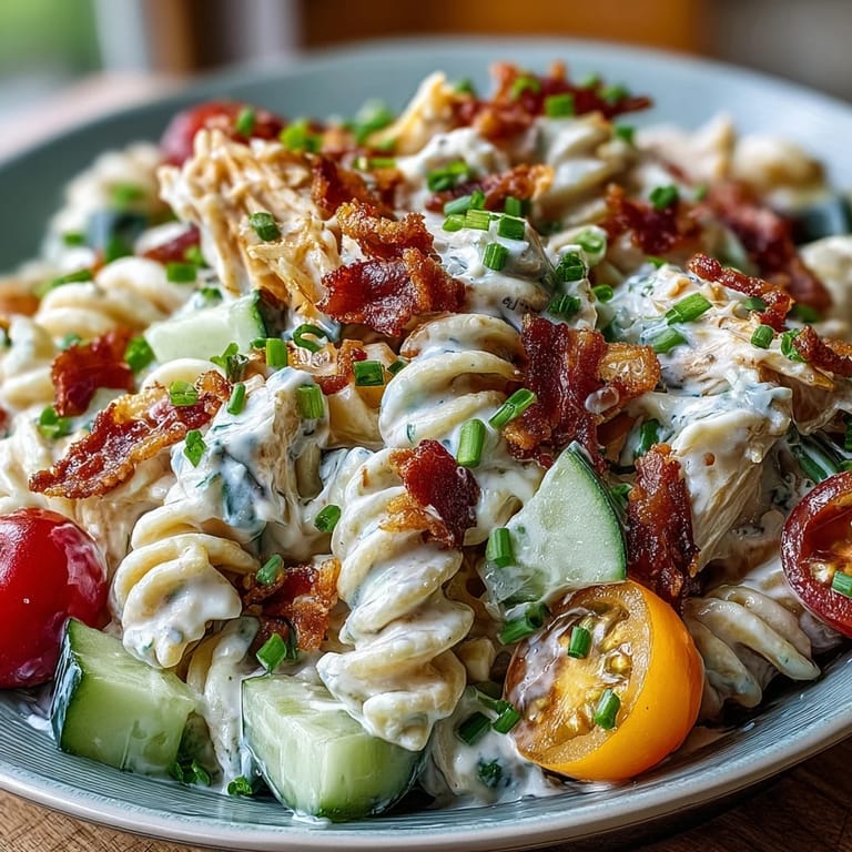 Hearty pasta salad featuring chicken, crispy bacon, and creamy ranch dressing.