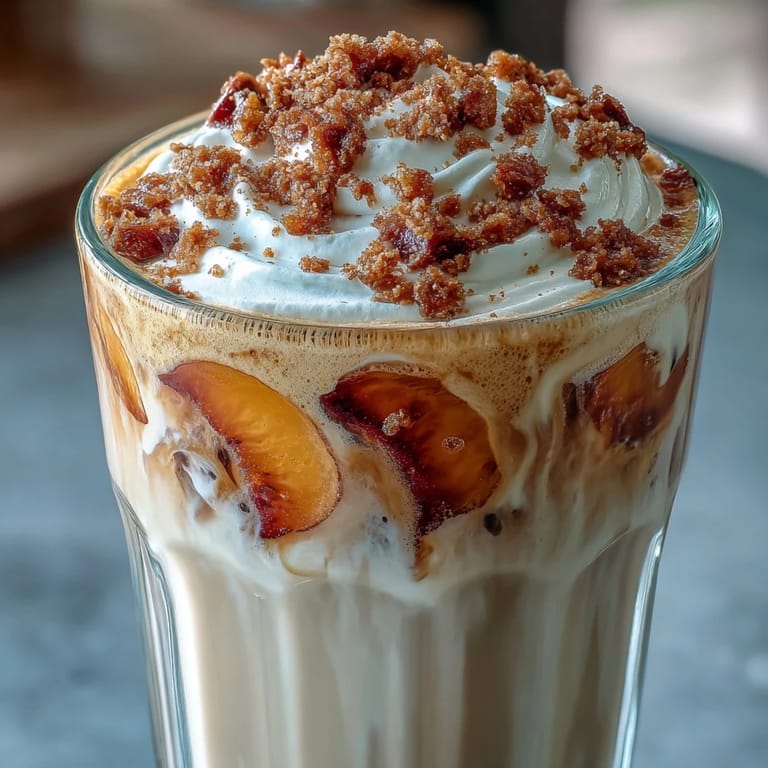 Iced chai latte crowned with fluffy peach cobbler cold foam and spice.