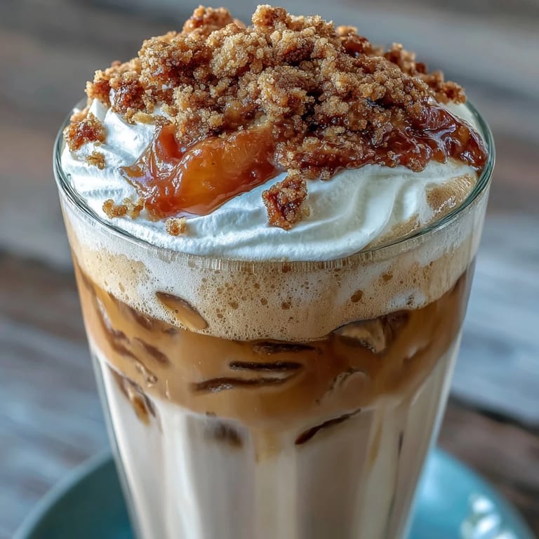 Close-up of Peach Cobbler Cold Foam Chai with cinnamon topping.