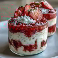 Vibrant overnight oats with juicy strawberries and creamy coconut, layered in a glass jar for a refreshing spring breakfast.  