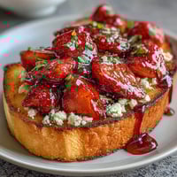 Balsamic Strawberry Bruschetta Toasts with fresh strawberries, creamy goat cheese, and tangy balsamic glaze on crisp toasted bread.