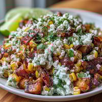 Creamy Mexican street corn salad with charred corn, Cotija cheese, and fresh cilantro in a tangy lime dressing.