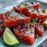 Juicy watermelon slices topped with zesty Tajin seasoning and fresh lime juice make a refreshing, spicy-sweet snack perfect for summer.  