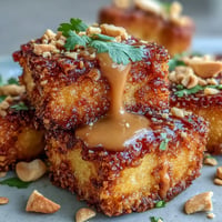 Vibrant Thai mango salad with crispy tofu, colorful veggies, and creamy peanut sauce.  