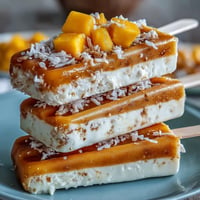 Creamy vegan mango coconut popsicles on a bright summer day.